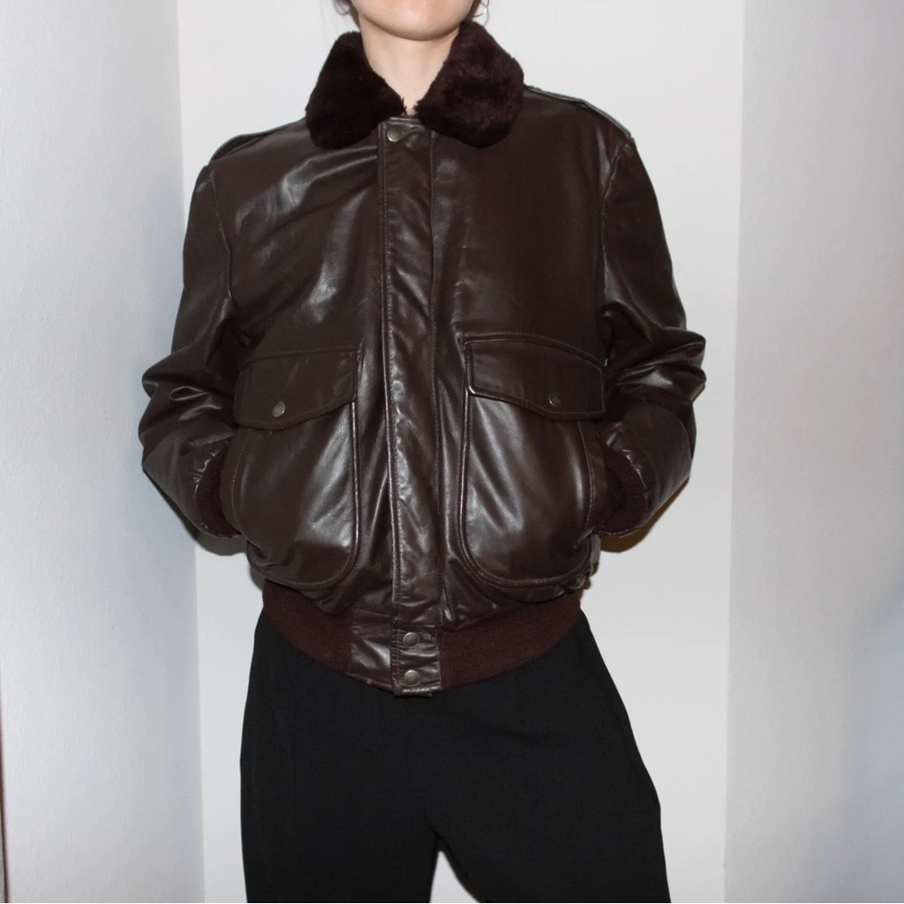 vintage 90s chocolate brown leather faux fur collared aviator bomber jacket
